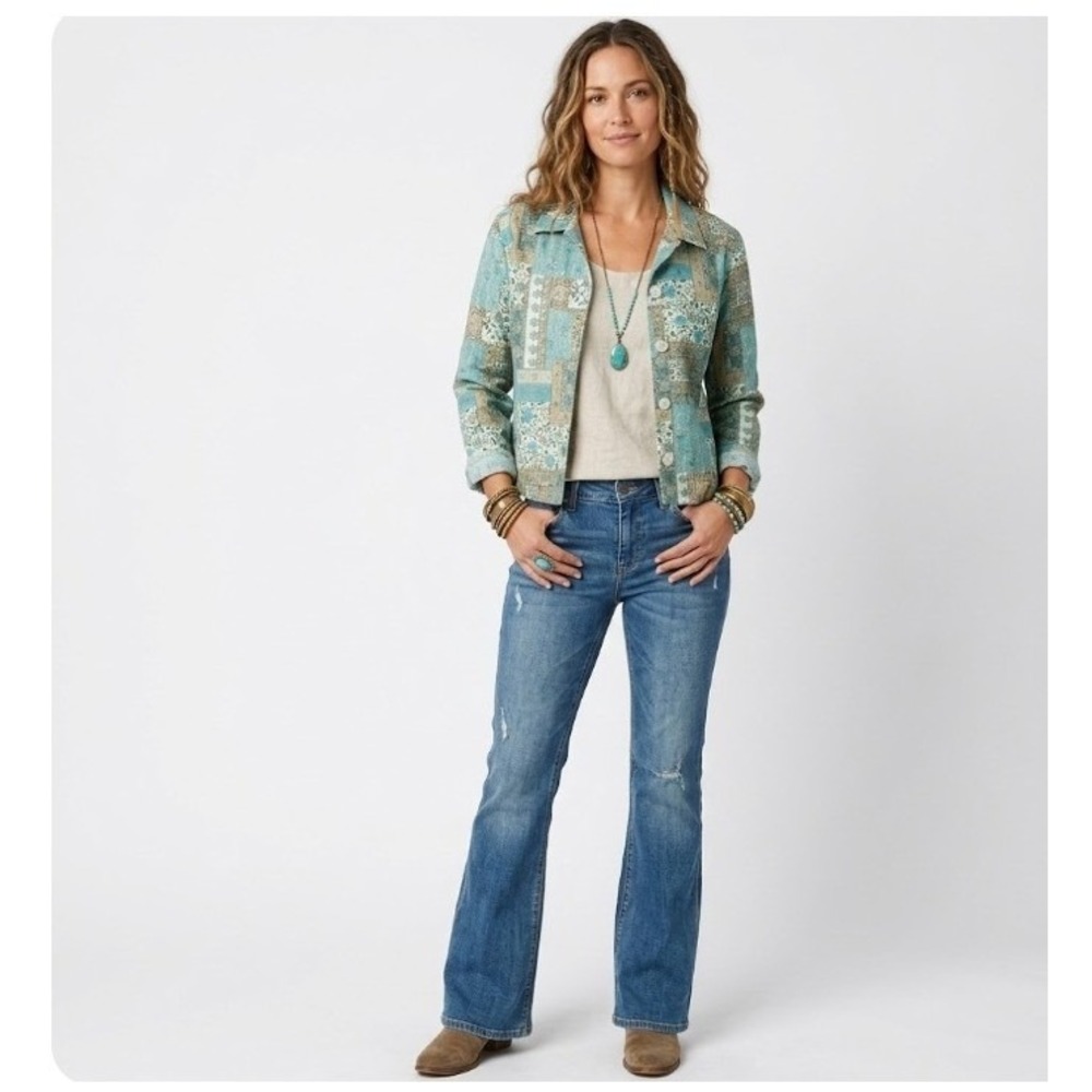 Vintage Napa Valley Medium Blue Green Boho Floral Patchwork Print Light Jacket